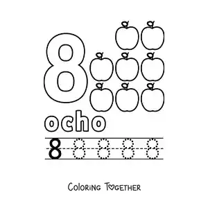 Coloring page of a number 8 with objects to learn to count and trace