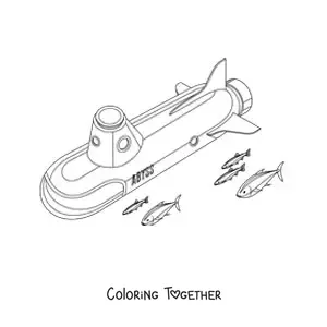 Coloring page of a long submarine next to several fish