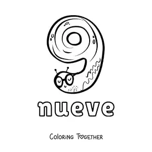 Coloring page of a number 9 shaped like an animated Halloween monster