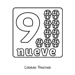 Coloring page of a number 9 with objects to learn to count