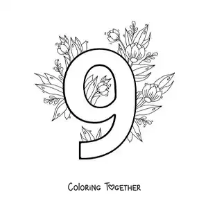 Coloring page of a number 9 decorated with flowers