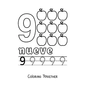 Coloring page of a number 9 with objects to learn to count and trace