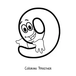Coloring page of an animated number 9 dancing for kids