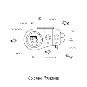 Coloring page of a child inside a submarine