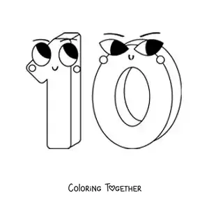 Coloring page of a fun animated number 10 for kids