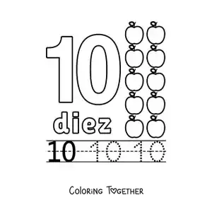 Coloring page of a number 10 with objects to learn to count and trace