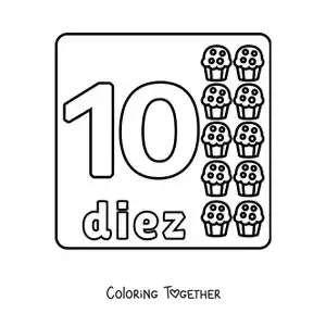 Coloring page of a number 10 with objects to learn to count