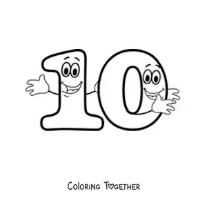 Coloring page of an animated number 10 dancing for kids