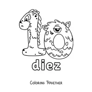 Coloring page of a number 10 shaped like an animated Halloween monster