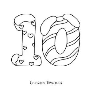 Coloring page of a decorated number 10 for kids