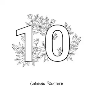 Coloring page of a number 10 decorated with flowers