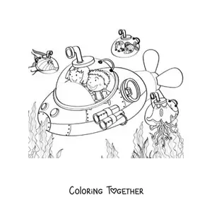 Coloring page of two kids inside a submarine with cartoon fish