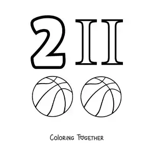 Coloring page of a card of the number 2 in Roman numerals with cartoons