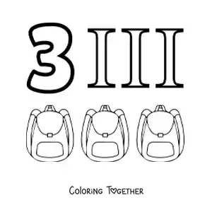 Coloring page of a card of the number 3 in Roman numerals with cartoons