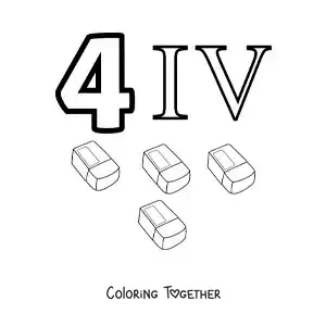 Coloring page of a card of the number 4 in Roman numerals with cartoons