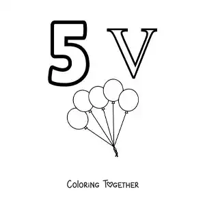 Coloring page of a card of the number 5 in Roman numerals with cartoons