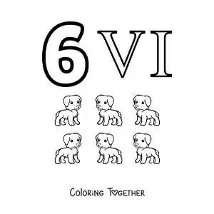Coloring page of a card of the number 6 in Roman numerals with cartoons