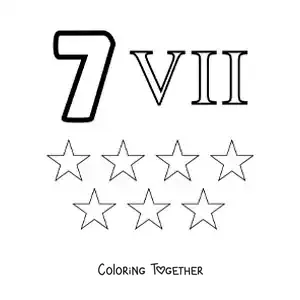 Coloring page of a card of the number 7 in Roman numerals with cartoons