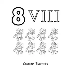 Coloring page of a card of the number 8 in Roman numerals with cartoons