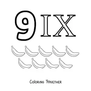 Coloring page of a card of the number 9 in Roman numerals with cartoons