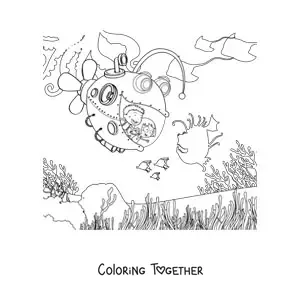 Coloring page of two kids in a fish-shaped submarine on the ocean floor