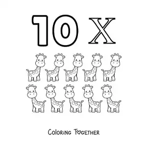 Coloring page of a card of the number 10 in Roman numerals with cartoons