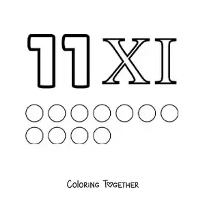 Coloring page of a card of the number 11 in Roman numerals with cartoons