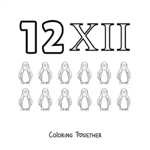 Coloring page of a card of the number 12 in Roman numerals with cartoons