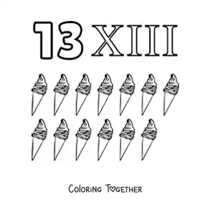 Coloring page of a card of the number 13 in Roman numerals with cartoons