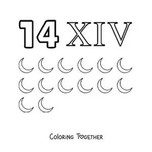 Coloring page of a card of the number 14 in Roman numerals with cartoons