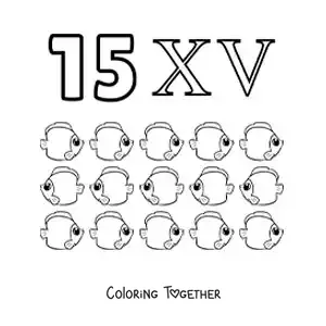 Coloring page of a card of the number 15 in Roman numerals with cartoons