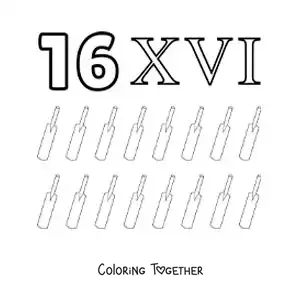 Coloring page of a card of the number 16 in Roman numerals with cartoons