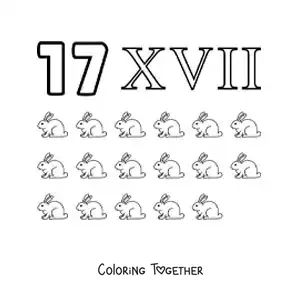 Coloring page of a card of the number 17 in Roman numerals with cartoons