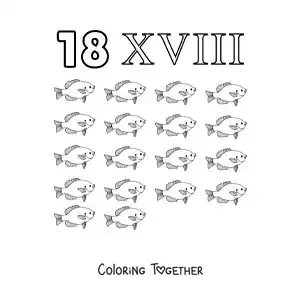 Coloring page of a card of the number 18 in Roman numerals with cartoons