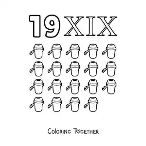 Coloring page of a card of the number 19 in Roman numerals with cartoons