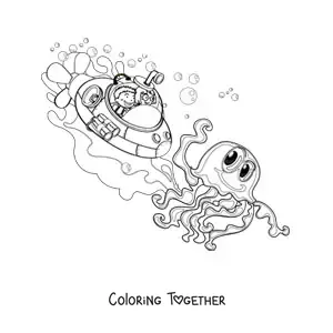 Coloring page of a cartoon octopus and two kids in a submarine