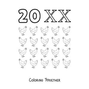 Coloring page of a card of the number 20 in Roman numerals with cartoons