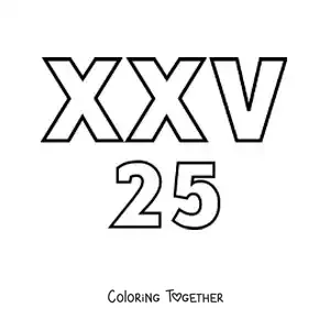 Coloring page of a card of the number 25 in Roman numerals with cartoons