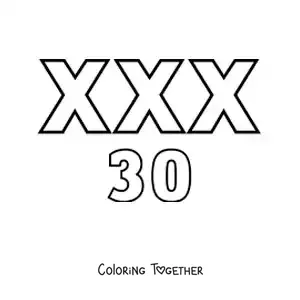 Coloring page of a card of the number 30 in Roman numerals with cartoons