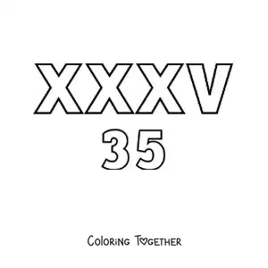 Coloring page of a card of the number 35 in Roman numerals with cartoons