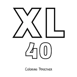 Coloring page of a card of the number 40 in Roman numerals with cartoons
