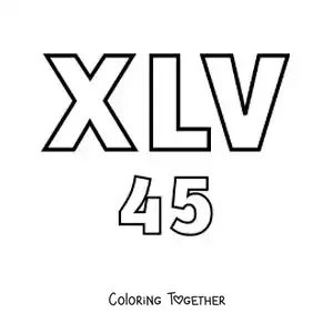 Coloring page of a card of the number 45 in Roman numerals with cartoons