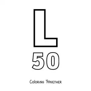 Coloring page of a card of the number 50 in Roman numerals with cartoons