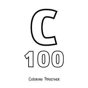 Coloring page of a card of the number 100 in Roman numerals with cartoons