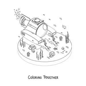 Coloring page of a research submarine on the ocean floor next to seaweed and fish