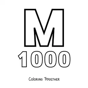 Coloring page of a card of the number 1000 in Roman numerals with cartoons