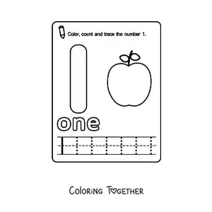 Coloring page of a card to learn the number 1 in English with fruits