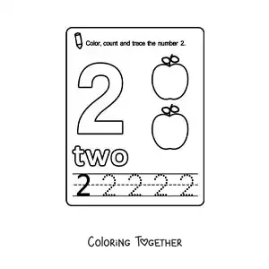 Coloring page of a card to learn the number 2 in English with fruits