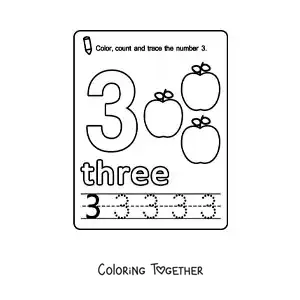 Coloring page of a card to learn the number 3 in English with fruits