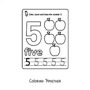 Coloring page of a card to learn the number 5 in English with fruits